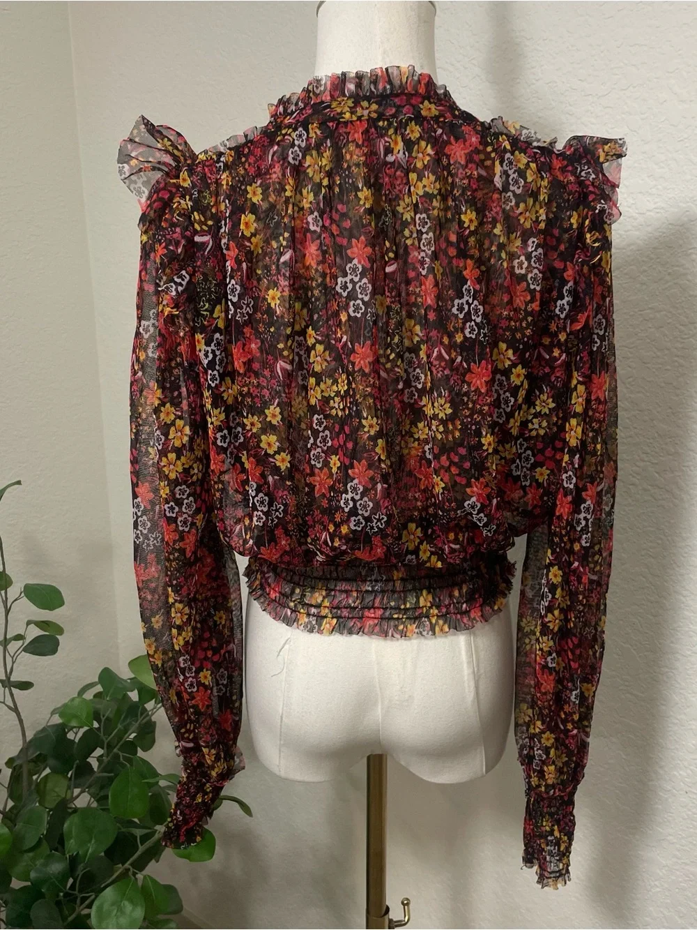 Free People Twyla Sheer Floral Mesh Smocked Blouse Ruffle Shoulder Size L